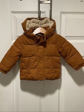 H&M Rust Brown Corduroy Puffer Jacket with Faux Fur Hood